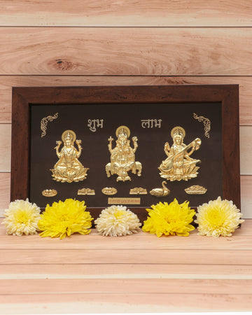 Golden Trimurti Frame for Home Decor and Gifting (Ganesha, Laxmi and Saraswati) - Pack of 3/5/10