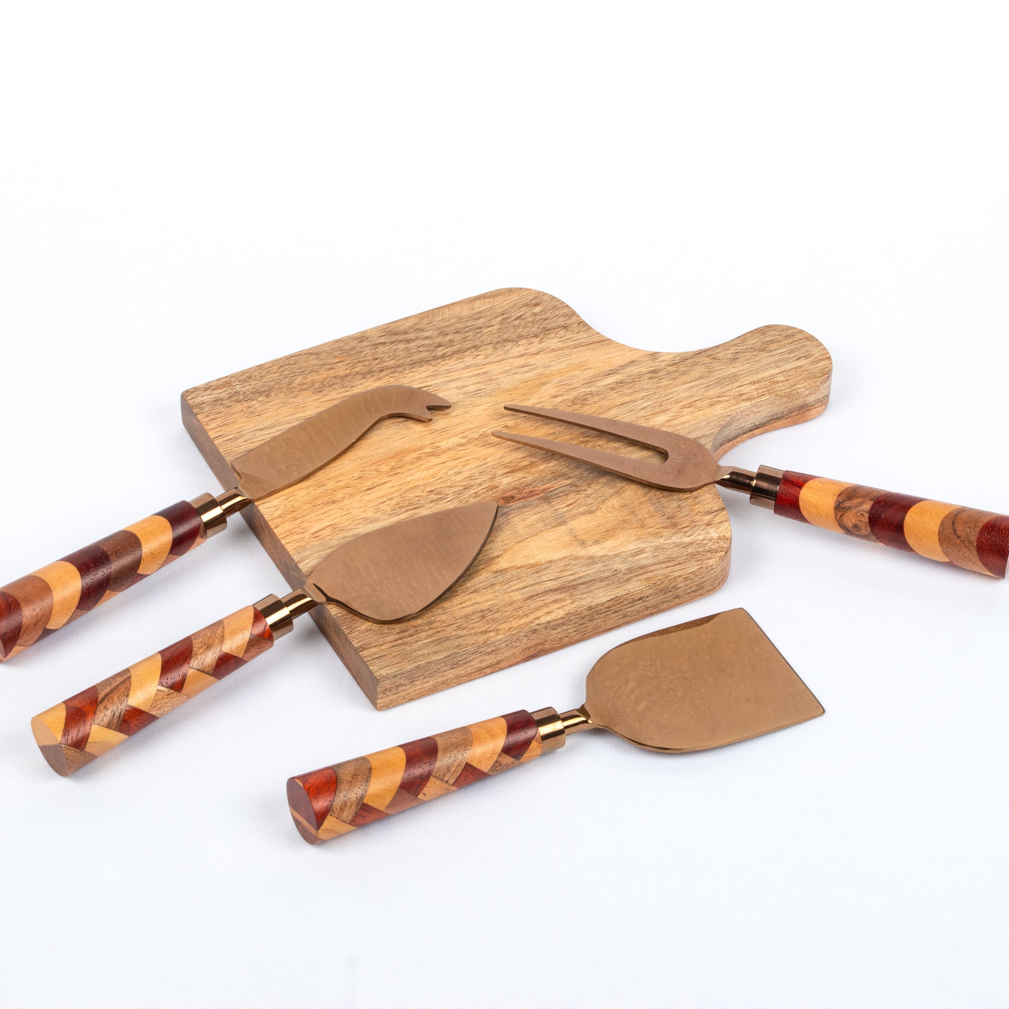 Cheese Knives Set with a Wooden Platter | Pronged Knife, Cheese Fork, Flat Cheese Knife & Parmesan Knife with Handcarved Wooden Handle