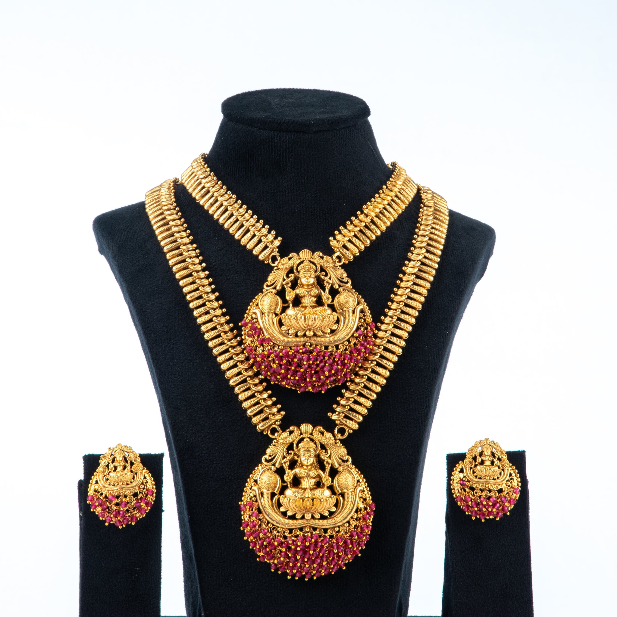 Traditional long temple necklace set with laxmi pendants