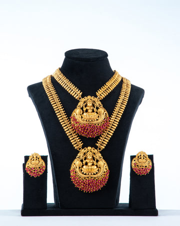 Traditional long temple necklace set with laxmi pendants