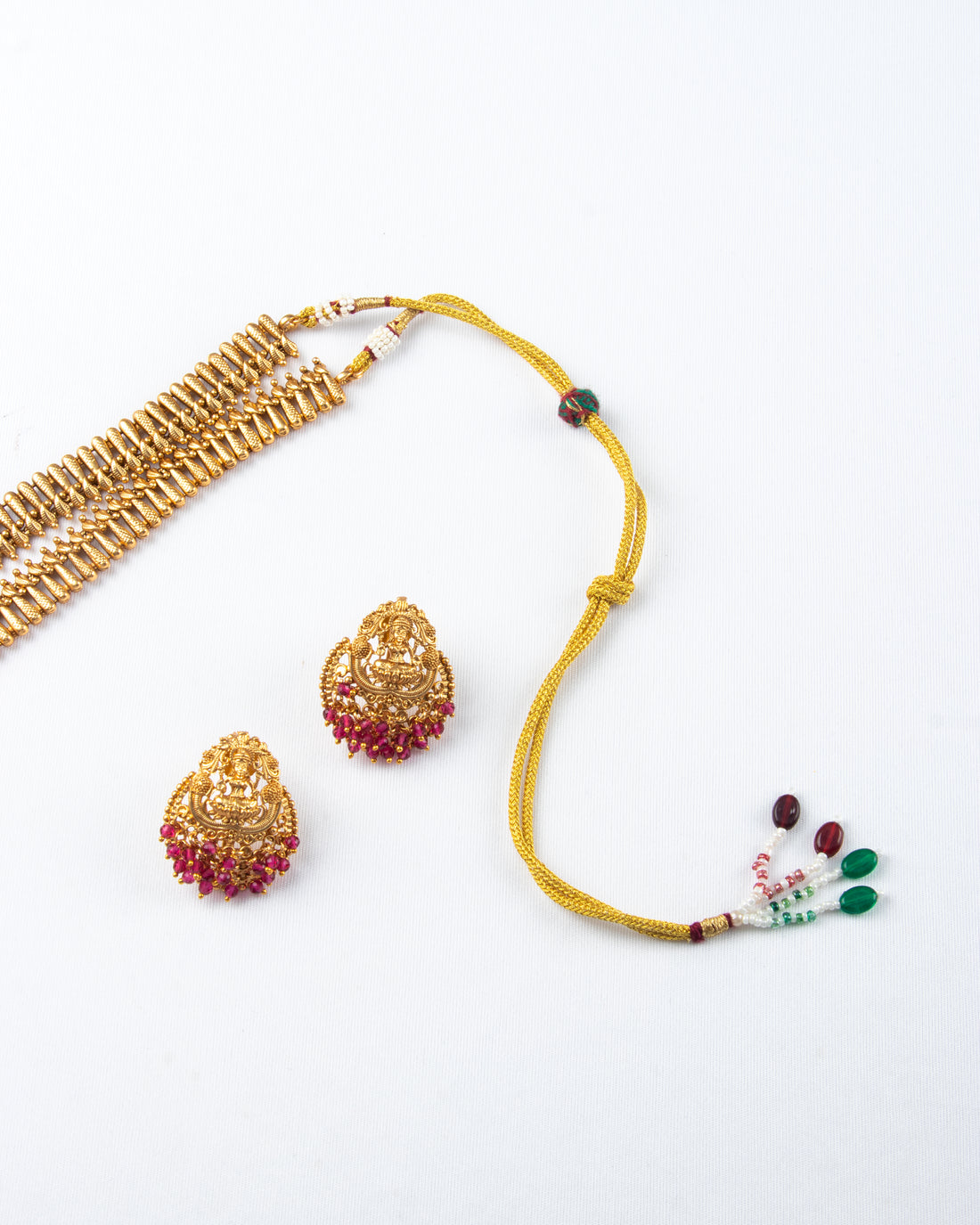 Traditional long temple necklace set with laxmi pendants