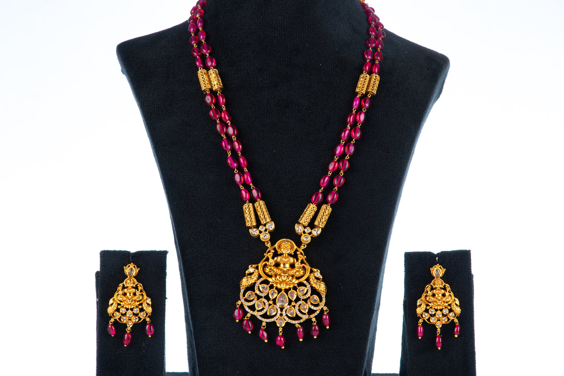 Pink beaded long necklace set