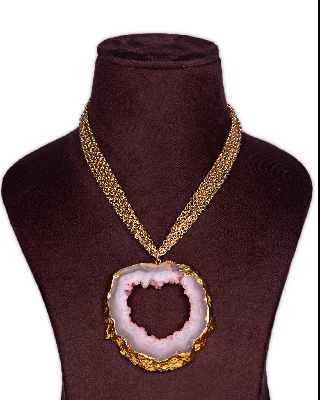 Zaariya- Rose Quartz Large Semi Precious Statement Necklace with Multi Rows Fine Brass Chains in 18K Gold Finish .