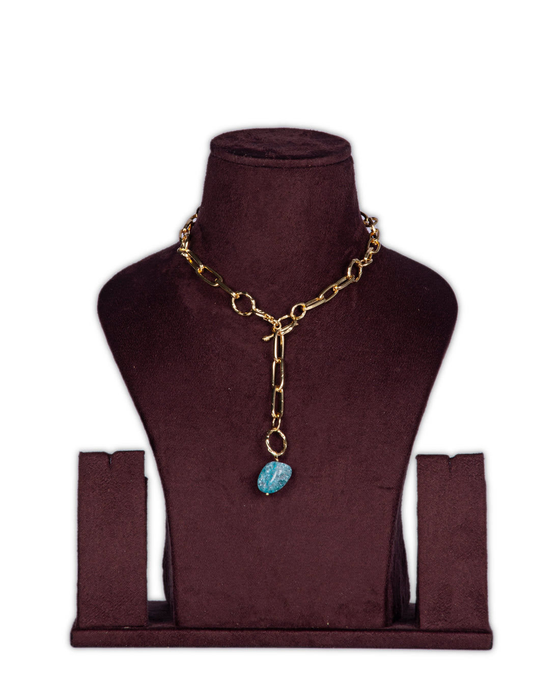 Zaariya- T-Bar Link Chain Long “Y” Necklace With Semi Precious Aqua Stone in Gold Finish