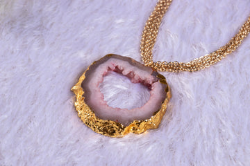 Zaariya- Rose Quartz Large Semi Precious Statement Necklace with Multi Rows Fine Brass Chains in 18K Gold Finish .