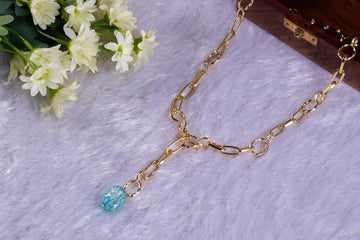 Zaariya- T-Bar Link Chain Long “Y” Necklace With Semi Precious Aqua Stone in Gold Finish