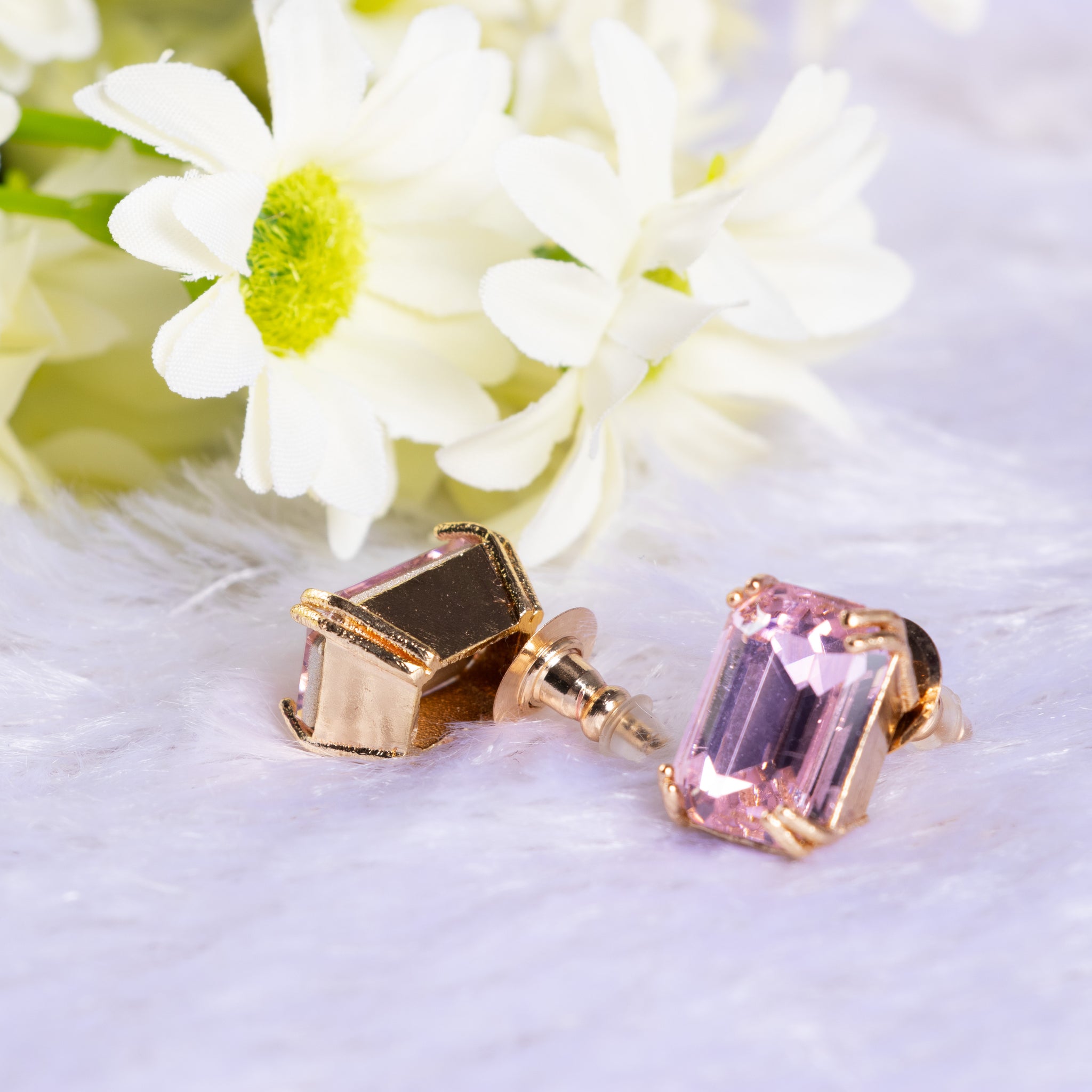 Zaariya- 2 Stone Swarovski Crystal Elements SQ Rose Gold Stud Earring in Lt Gold Finish