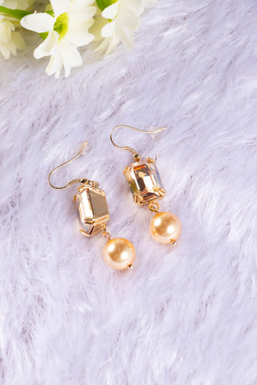 Zaariya- 2 Stone Swarovski Crystal Elements Drop Stud Earring in Lt Gold Finish with Pearls from Swarovski in Gold Color