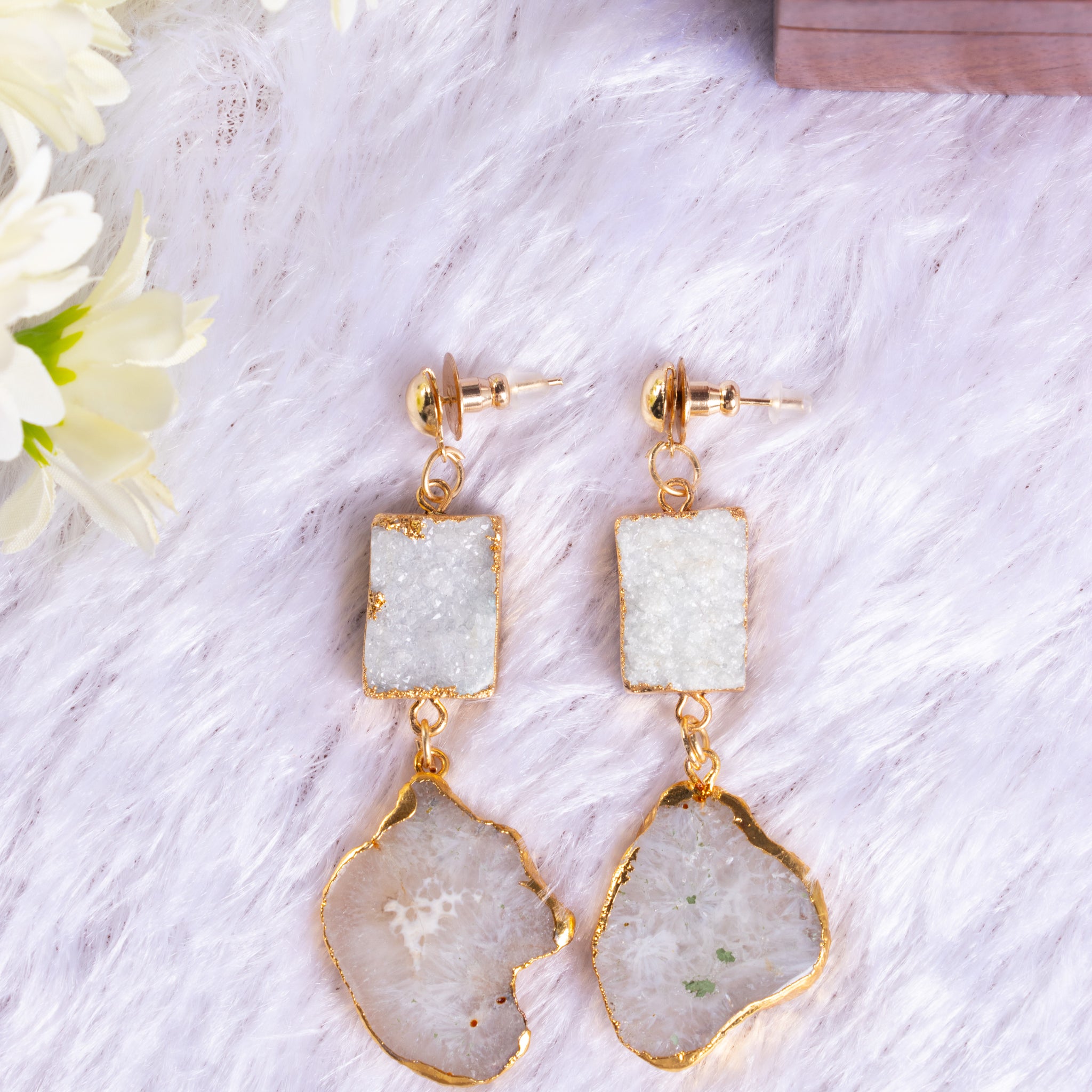 Zaariya- Large Semi Precious Druze / Agate Natural Stone Statement Earrings in Lt Gold Metal Finish.