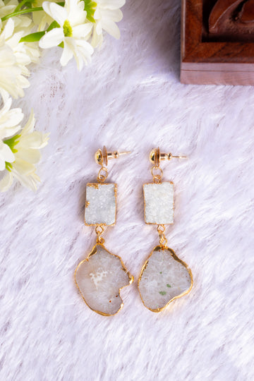 Zaariya- Large Semi Precious Druze / Agate Natural Stone Statement Earrings in Lt Gold Metal Finish.