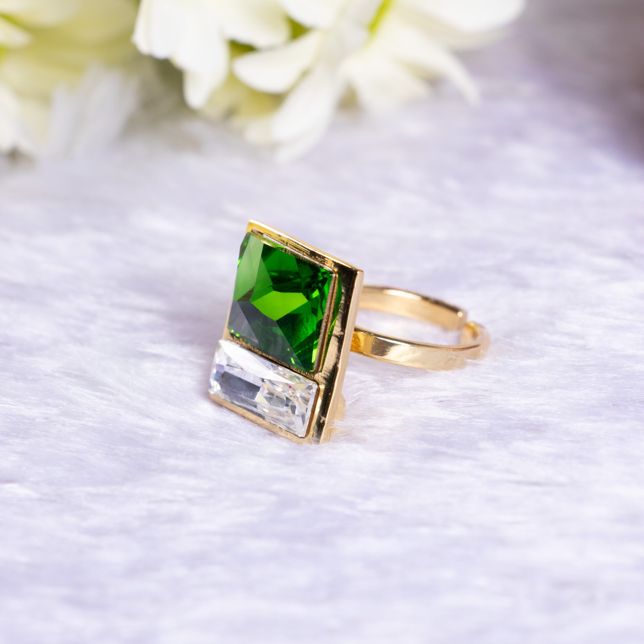 Zaariya- 3 Stone Swarovski Crystal Brass Metal Finger Ring green